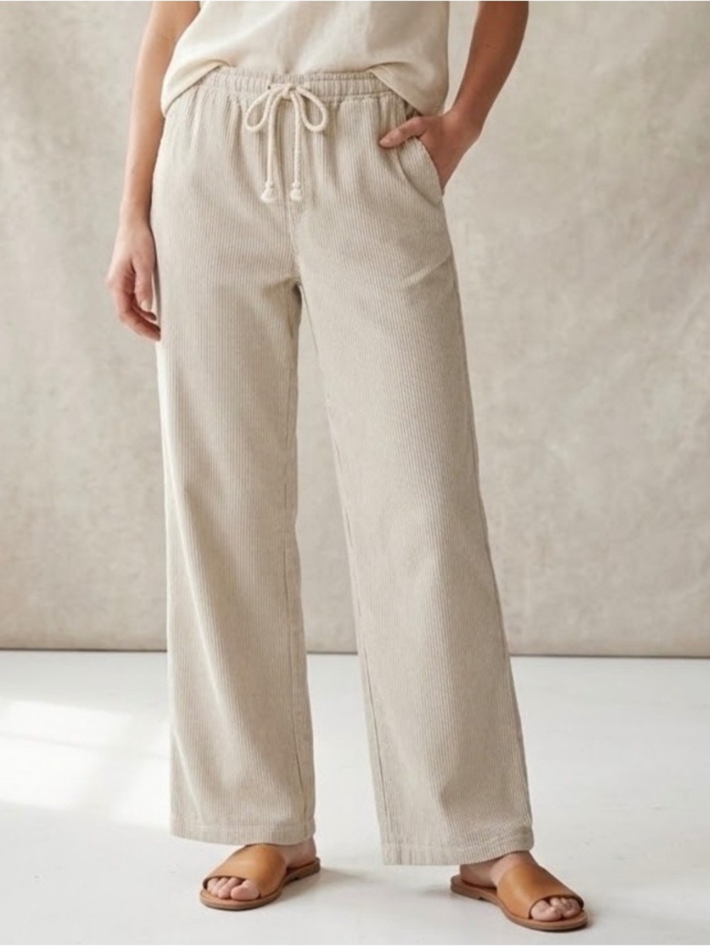 John Galt Brandy Melville Cotton Linen Wide Leg Pants Pull On Beige Striped OS